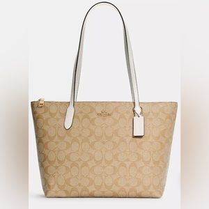 SOLD!! NWT COACH ZIP TOP TOTE IN SIGNATURE PRINT CANVAS LIGHT KHAKI / CHALK
